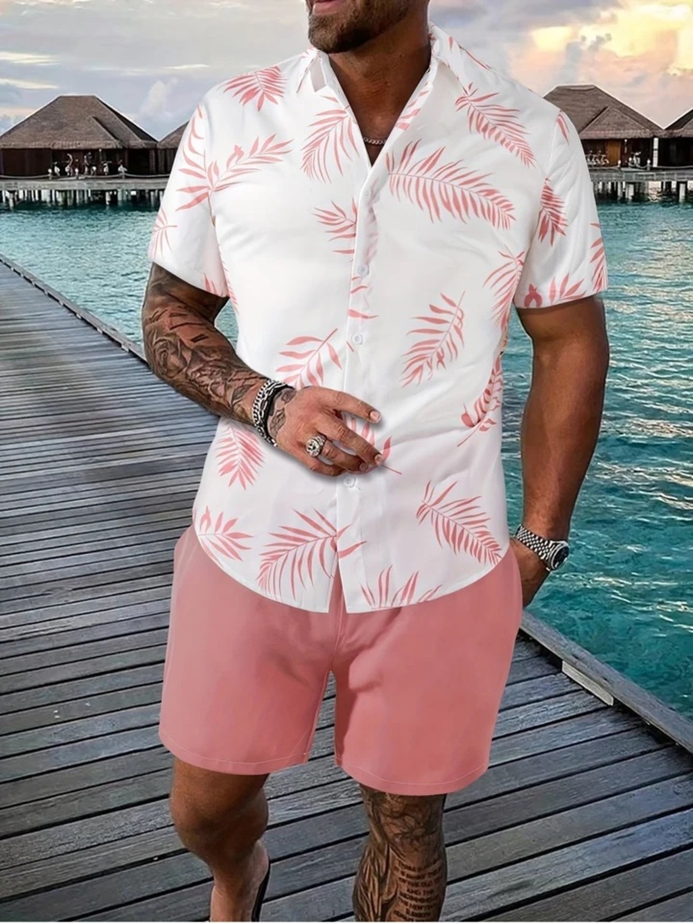 $45 NWOT Amazon Men's 2-Piece Tropical Leaf Short Sleeve Set XXL